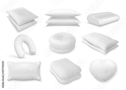 3d realistic neck pillow and sofa cushion mockup. Fluffy bolster pile, heart beanbag top view. Soft orthopedic and travel pillows vector set