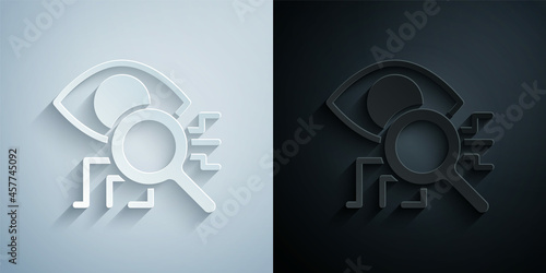 Paper cut Eye scan icon isolated on grey and black background. Retinal scan. Scanning eye. Security check symbol. Cyber eye sign. Paper art style. Vector