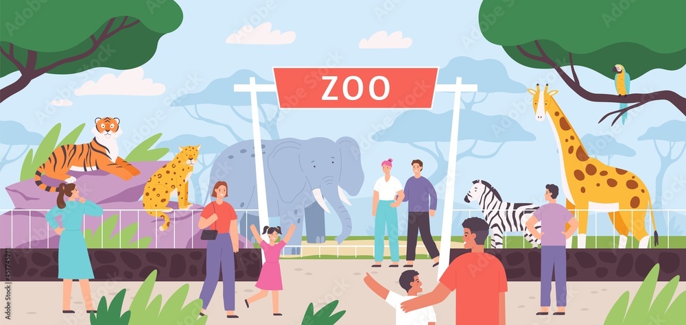 Fototapeta premium Flat zoo entrance gates with visitor family and kids. Cartoon safari park with people and african savannah animals in cages vector landscape