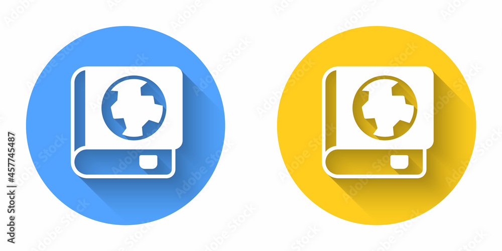 White Earth globe and book icon isolated with long shadow background. World or Earth sign. Global internet symbol. Geometric shapes. Circle button. Vector White Earth globe and book icon isolated with long shadow background. World or Earth sign. Global internet symbol. Geometric shapes. Circle button. Vector