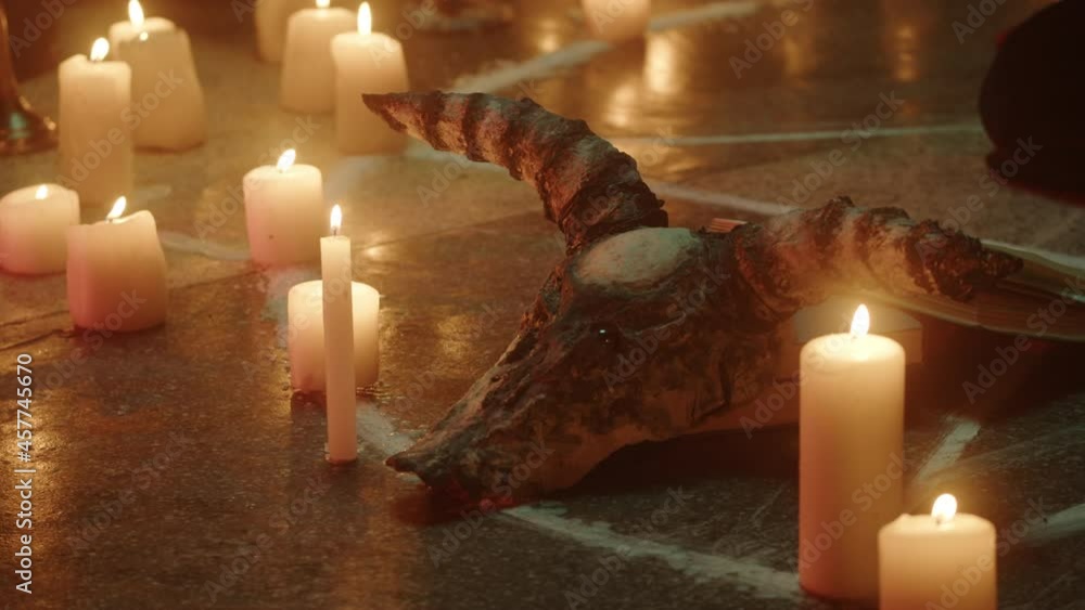 Cow Skull And Candles On Floor Close Up Witch Woman Sitting In Pentagram Circle And Reading 2548