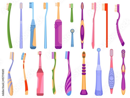 Cartoon electric and manual dental hygiene tools toothbrushes. Products for oral care and teeth health. Mouth cleaning toothbrush vector set