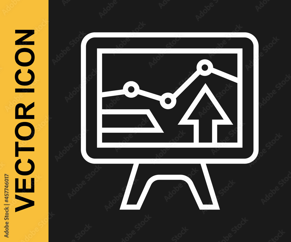 White line Computer monitor with graph chart icon isolated on black background. Report text file icon. Accounting sign. Audit, analysis, planning. Vector White line Computer monitor with graph chart icon isolated on black background. Report text file icon. Accounting sign. Audit, analysis, planning. Vector
