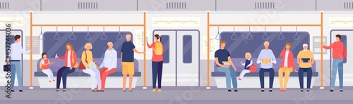 Passenger crowd inside subway train or city bus. Cartoon people standing and sitting in public transport. Travel by metro car vector concept