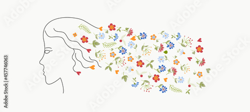Woman portrait with hair made of flowers. Abstract vector illustration. Drawing of a woman's face. Isolated background.