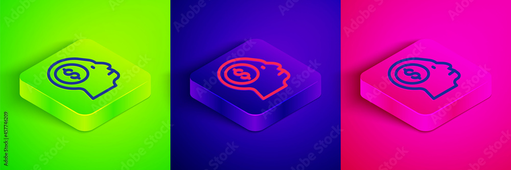 Isometric line Business man planning mind icon isolated on green, blue and pink background. Head with dollar. Idea to earn money. Business investment growth. Square button. Vector Isometric line Business man planning mind icon isolated on green, blue and pink background. Head with dollar. Idea to earn money. Business investment growth. Square button. Vector