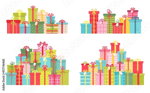 Cartoon pile of christmas and birthday presents in gift boxes. Prize concept. Holiday surprise party decoration. Flat gift stack vector set