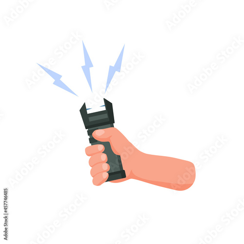 Hand hold electric shocker. Self-defense and a stun gun. A taser with sparks. Flat cartoon illustration