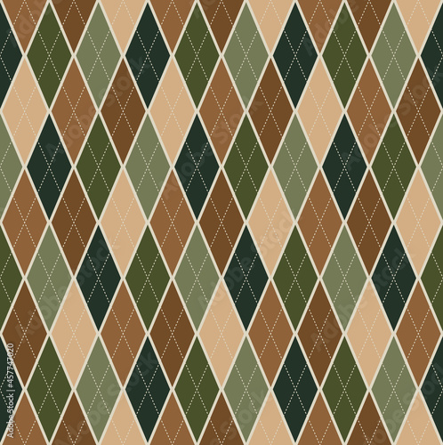 Seamless background argyle pattern. Green brown color tone tartan plaid. Texture design for apparel, textile, garment, fabric, clothing, tile, cover, poster, flyer, banner, wall. Vector illustration.