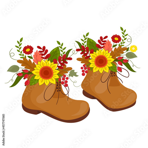 Vector illustration autumn boots on laces with blooming bouquet autumn flowers on white isolated background.