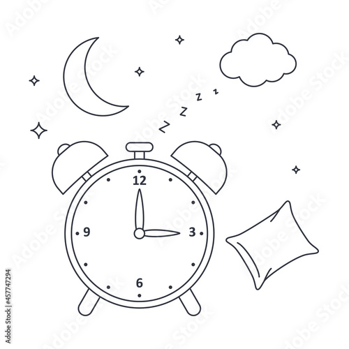 Vector icon illustration of a night sleep clock. Editable stroke. Moon cloud clock alarm clock. Sleep time insomnia bedroom rest. Line style on white background