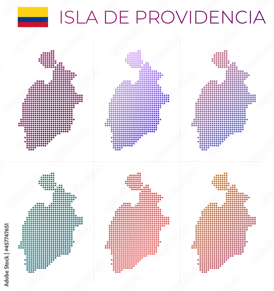 Isla de Providencia dotted map set. Map of Isla de Providencia in dotted style. Borders of the island filled with beautiful smooth gradient circles. Modern vector illustration.