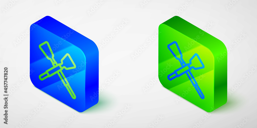 Isometric line Crossed oars or paddles boat icon isolated grey background. Blue and green square button. Vector Isometric line Crossed oars or paddles boat icon isolated grey background. Blue and green square button. Vector