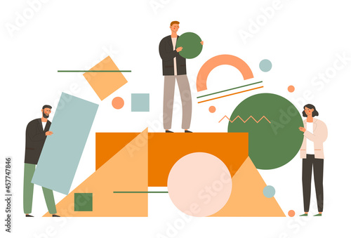 Teamwork of employees concept. Abstract geometric puzzle for men and women. Office workers hold circle and rectangle and solve problem. Cartoon flat vector illustration isolated on white background