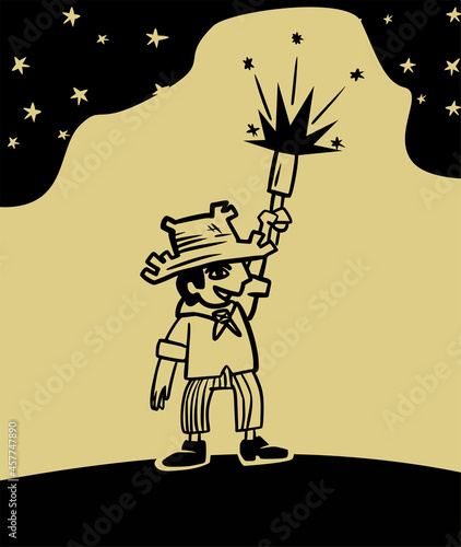 Man throwing firecracker at St. John's Party. Woodcut-style drawing of Cordel's literature.