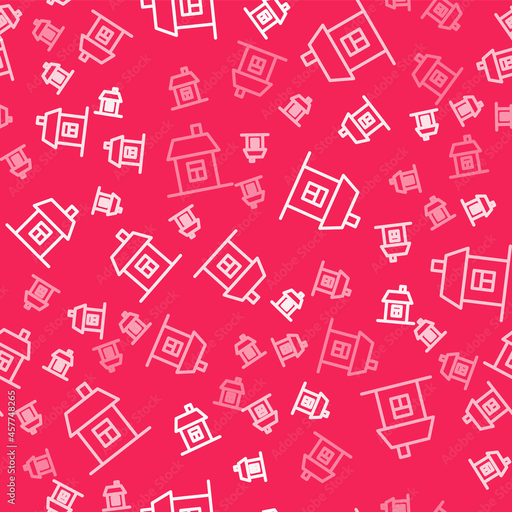 White line House icon isolated seamless pattern on red background. Home symbol. Vector White line House icon isolated seamless pattern on red background. Home symbol. Vector