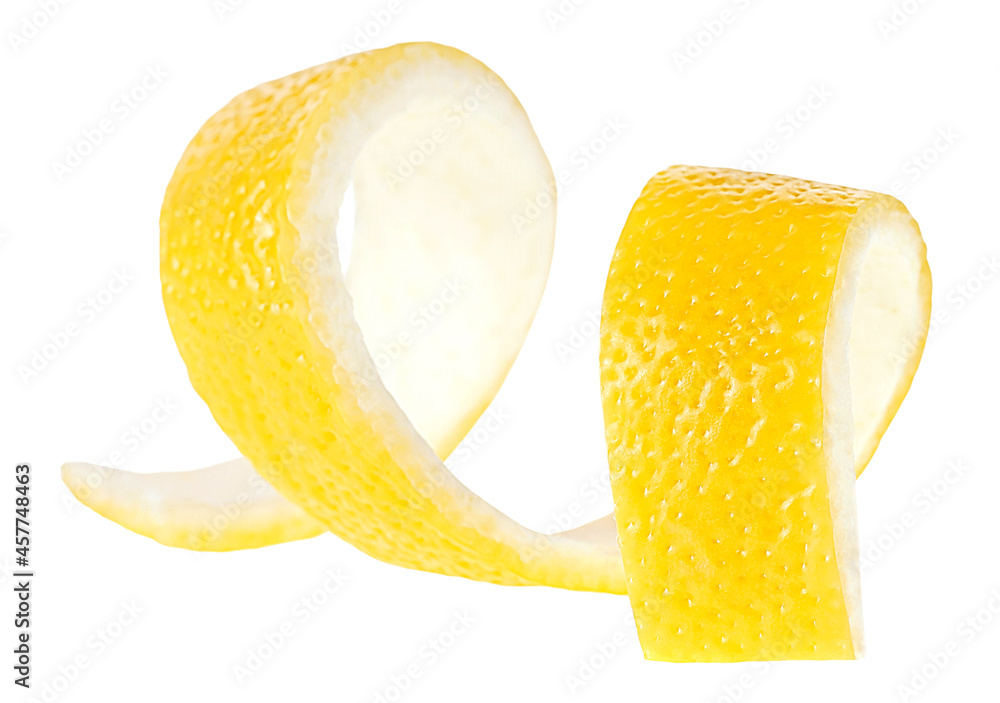Peel of fresh lemon fruit isolated on a white background. Citrus zest as cocktail ingredient. Peel of fresh lemon fruit isolated on a white background. Citrus zest as cocktail ingredient.