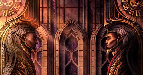  Obrazy Elfy   two-kings-in-a-high-crown-with-a-clock-on-the-background-of-a-gothic-cathedral-with-stained-glass-windows-fantasy-characters-in-golden-armor-with-a-patterns-a-dark-and-light-elf-in-bright-sunlight