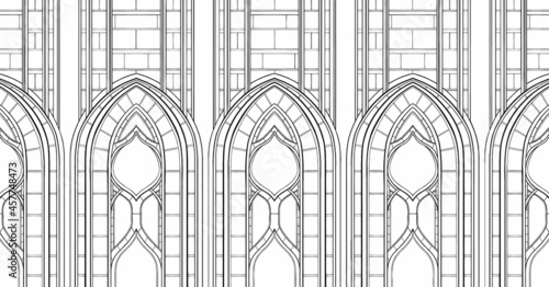 Architectural geometric abstraction with pointed arches of a Gothic cathedral, stained glass window of an old church, decorative element of a medieval stone castle, graphic symmetrical ornament.