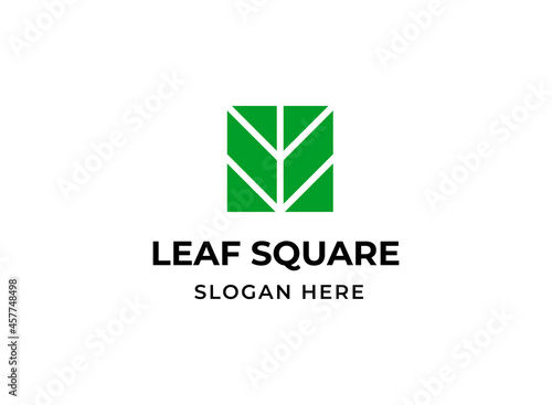 Green leaf in square logo. Herbal nature symbol logotype vector isolated