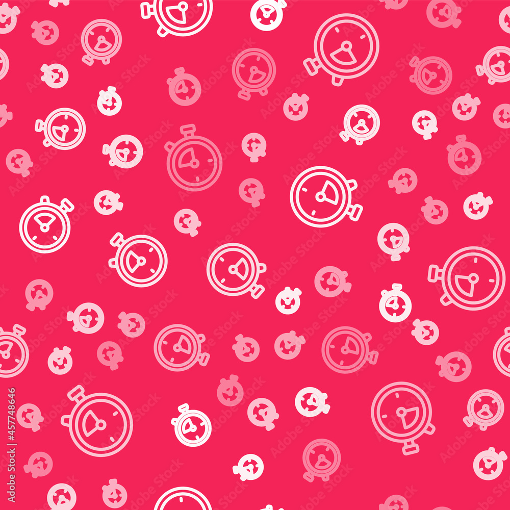 White line Stopwatch icon isolated seamless pattern on red background. Time timer sign. Chronometer sign. Vector White line Stopwatch icon isolated seamless pattern on red background. Time timer sign. Chronometer sign. Vector