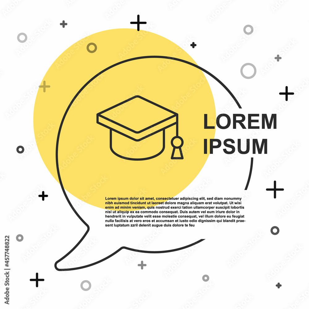 Black line Graduation cap icon isolated on white background. Graduation hat with tassel icon. Random dynamic shapes. Vector Black line Graduation cap icon isolated on white background. Graduation hat with tassel icon. Random dynamic shapes. Vector