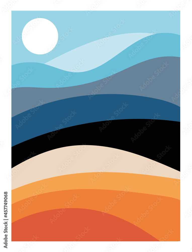 Poster with abstract landscape. Composition with smooth multicolored stripe and moon. Design element for postcard and wall decoration. Cartoon flat vector illustration isolated on white background