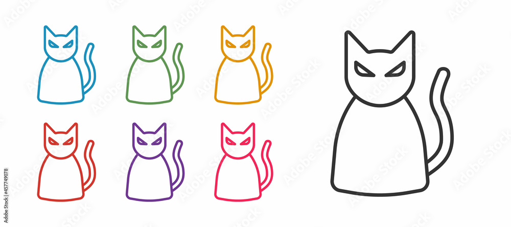 Set line Black cat icon isolated on white background. Happy Halloween party. Set icons colorful. Vector