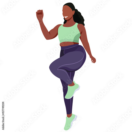vector illustration a plus size girl in a sports uniform (leggings and a sports bra) trains, does fitness in a good mood isolated on a white background. useful for advertising sports studios, programs
