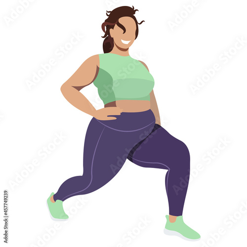vector illustration a plus size girl in a sports uniform (leggings and a sports bra) trains, does fitness in a good mood isolated on a white background. useful for advertising sports studios, programs