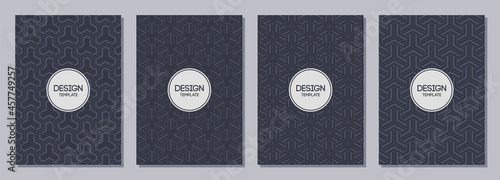 Set of flyers, posters, banners, placards, brochure design templates A6 size with korean, japanese ornaments. Graphic design for greeting, invitation cards. Vector dark blue backgrounds.