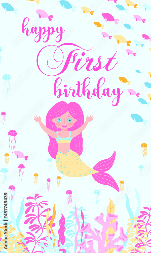 happy birthday greetings card. Mermaid princess girl with pink hair and yellow tale, fishes, seaweeds and corals colorful vector illustration happy birthday greetings card. Mermaid princess girl with pink hair and yellow tale, fishes, seaweeds and corals colorful vector illustration