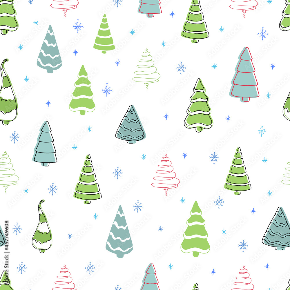 Seamless Christmas pattern: Christmas trees and snowflakes. Winter forest. Vector Christmas 
image in the style of a doodle.
