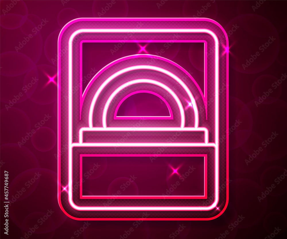 Fototapeta premium Glowing neon line Diamond engagement ring in a box icon isolated on red background. Vector