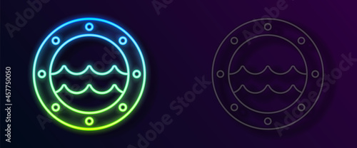 Glowing neon line Ship porthole with rivets and seascape outside icon isolated on black background. Vector