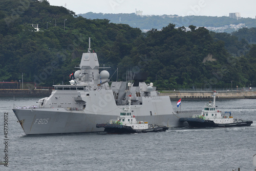 Royal Netherlands Navy frigate HNLMS Evertsen entering Yokosuka Port in Japan.