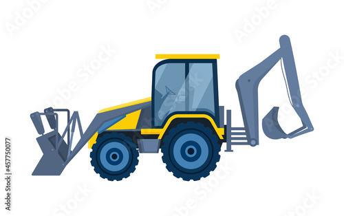 Machines for construction concept. Bulldozer with buckets on both sides. Equipment for agriculture. Template for a sticker or logo. Cartoon flat vector illustration isolated on white background