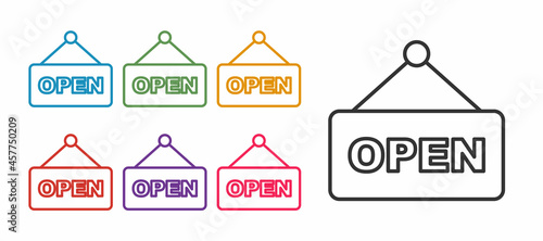 Set line Hanging sign with text Open door icon isolated on white background. Set icons colorful. Vector
