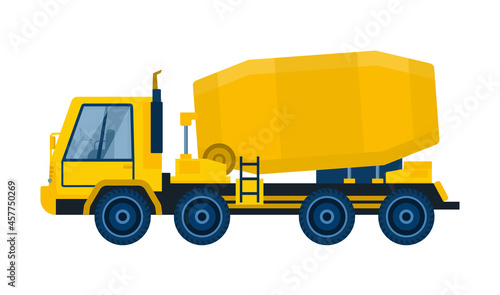 Concrete mixing equipment concept. Truck with large capacity for transporting cement. Design element for stickers, icons and posters. Cartoon flat vector illustration isolated on white background