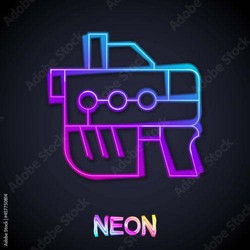 Glowing neon line Futuristic space gun blaster icon isolated on black background. Laser Handgun. Alien Weapon. Vector
