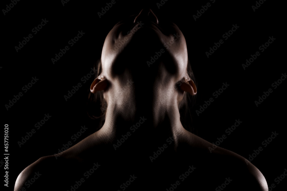 side lit silhouette portrait of a beautiful young woman against dark backgroung side lit silhouette portrait of a beautiful young woman against dark backgroung