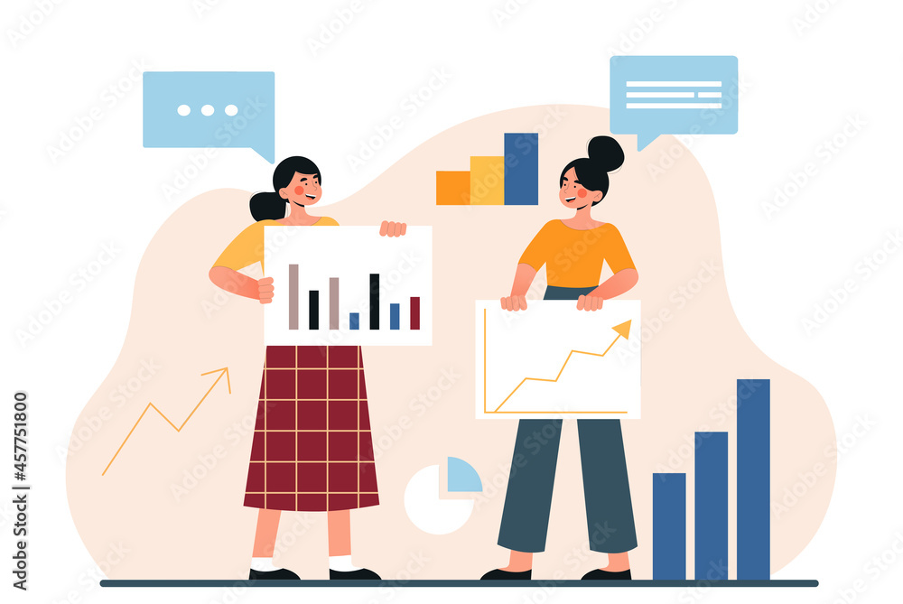 Self esteem and growth. Girls analyze charts, financial statements. Analysts from company work with information. Graphs, diagrams. Cartoon flat vector illustration isolated on white background