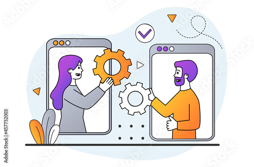 Concept of referral marketing, Refer A Friend loyalty program, promotion concept. Modern flat outline vector illustration
