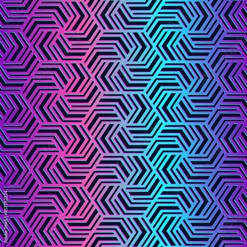 Vector geometric seamless pattern. Repeated geometry background. Repeated neon texture. Abstract geometrical printed. Repeating mark geo line pattern. Colored hexagon printing. Checks design for print