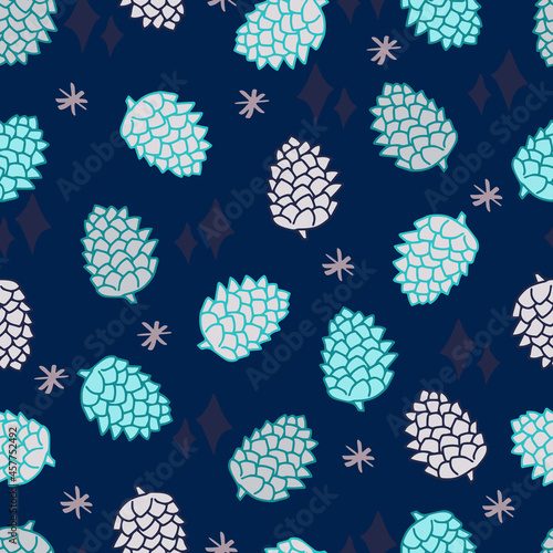 cones with stars and snowflakes vector seamless pattern. Winter background for invitations, greeting cards and wrapping paper
