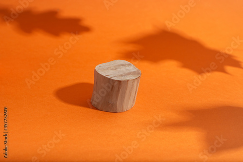 Empty wooden podium with circle shape standing on orange with shadow of leaves