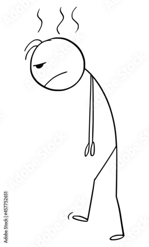 Tired, Frustrated or Sad Person Walking, Vector Cartoon Stick Figure Illustration