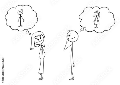 Shy Man and Woman Looking at Each Other and Feeling Love , Vector Cartoon Stick Figure Illustration