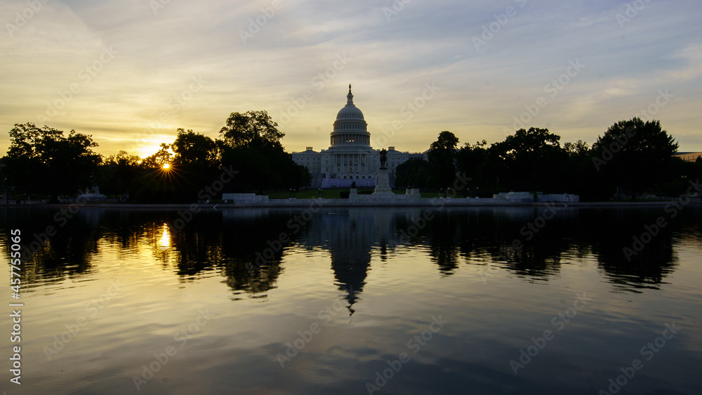 The US Capitol Reflecting Pool at Sunrise in the Covid 19 Pandemic Wide Shot