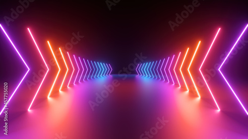Fototapeta Naklejka Na Ścianę i Meble -  3d render, gradient glowing neon arrows, abstract wide background, direction concept